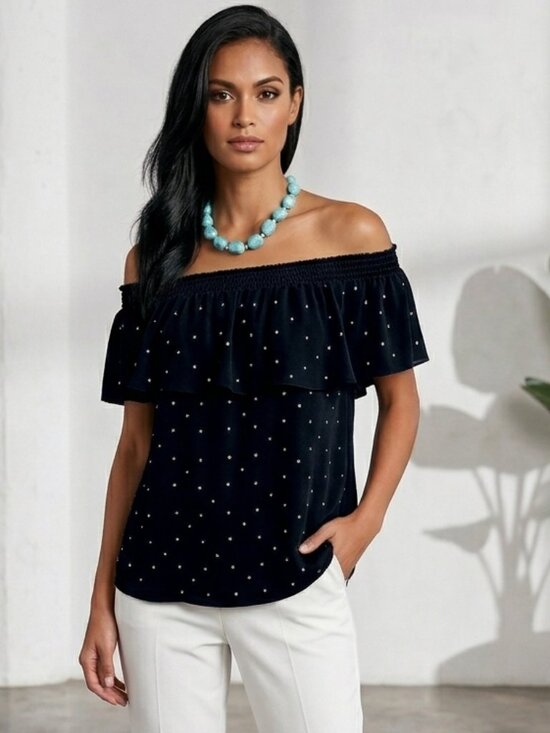 INC International Concepts Tops - INC Rhinestone Off-the-Shoulder Ruffle Blouse - Black Embellished Top - Size XL